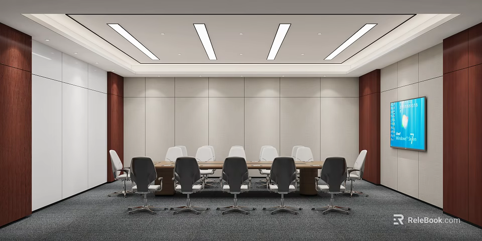 Modern Conference Room Interior With Long Table Ergonomic Chairs And Linear Ceiling Lights 3d model