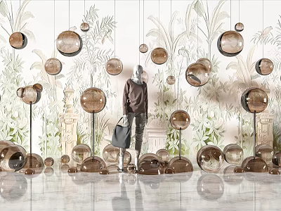 Elegant Showcase With Brown Spherical Decorations Plant Wallpaper Mannequin Brown Top Gray Pants Black Bag 3d model
