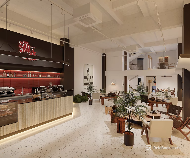 Modern Teahouse Interior Design With Bar Counter Tables Chairs And Green Plants 3d model 