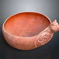 Reddish Brown Terracotta Bowl With Animal Head Decoration And Carved Patterns