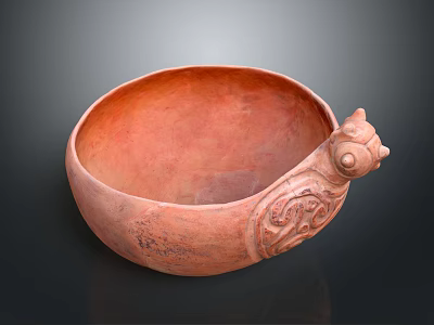 Reddish Brown Terracotta Bowl With Animal Head Decoration And Carved Patterns 3d model