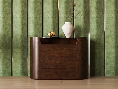 Dark Brown Wooden Bedside Table With Drawers Green Vertical Striped Wallpaper White Vase And Plant 3d model