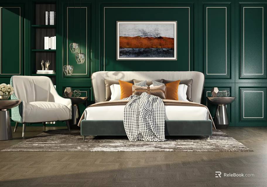 Bedroom Interior With Double Bed Green Walls Decorative Painting White Armchair Pillows Blanket And Rug 3d model 