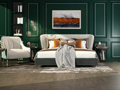 Bedroom Interior With Double Bed Green Walls Decorative Painting White Armchair Pillows Blanket And Rug 3d model
