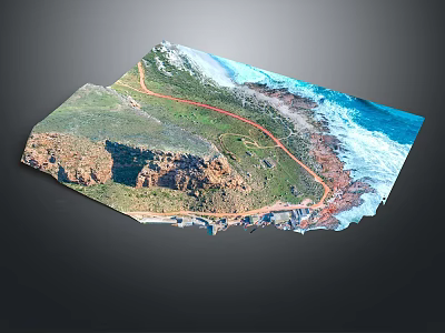 3D Terrain Map Displaying Coastal Scenery With Winding Road And Ocean Waves 3d model