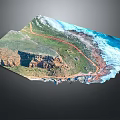 3D Terrain Map Displaying Coastal Scenery With Winding Road And Ocean Waves 3d model