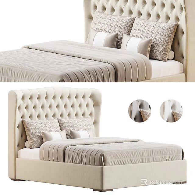 Double Bed With Tufted Beige Headboard Striped Bedspread And Decorative Pillows Button Details 3d model 