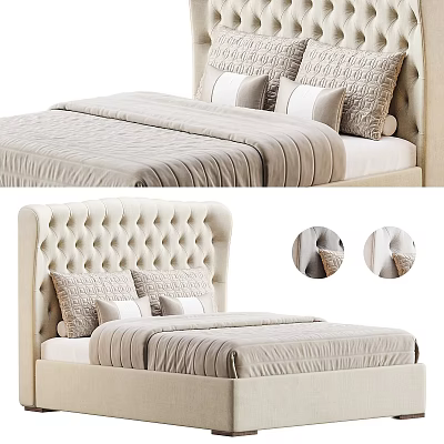 Double Bed With Tufted Beige Headboard Striped Bedspread And Decorative Pillows Button Details 3d model
