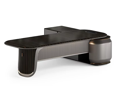 Modern Sleek Desk With Dark Wooden Top And Curved Metal Frame Design 3d model