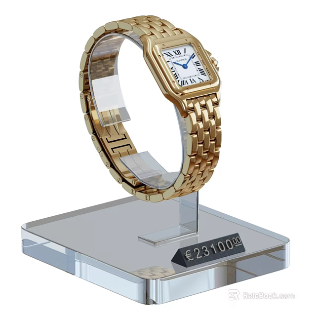 Elegant Gold Bracelet Watch On Transparent Display Stand With Price Tag €231000 3d model 