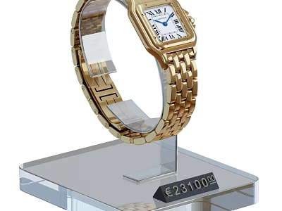 Elegant Gold Bracelet Watch On Transparent Display Stand With Price Tag €231000 3d model