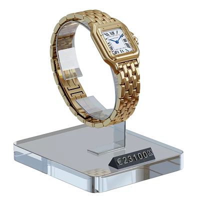 Elegant Gold Bracelet Watch On Transparent Display Stand With Price Tag €231000 3d model