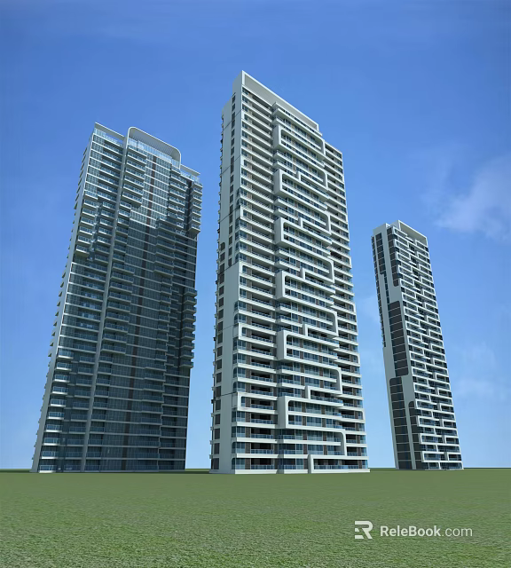 Modern High Rise Residential Buildings With Three Towers And Blue Sky Exterior 3d model 