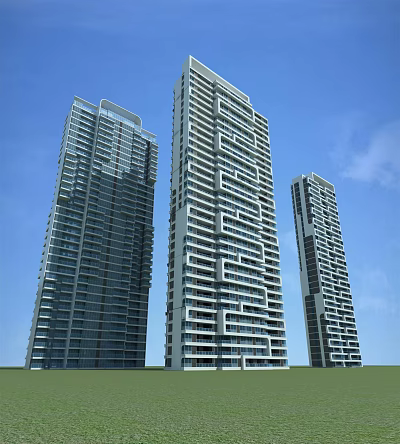 Modern High Rise Residential Buildings With Three Towers And Blue Sky Exterior 3d model