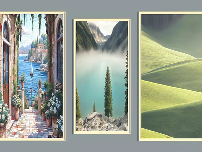 Diverse Landscape Paintings Featuring Arched Doorways Waterfront Boats Misty Mountain Lake And Green Rolling Hills 3d model