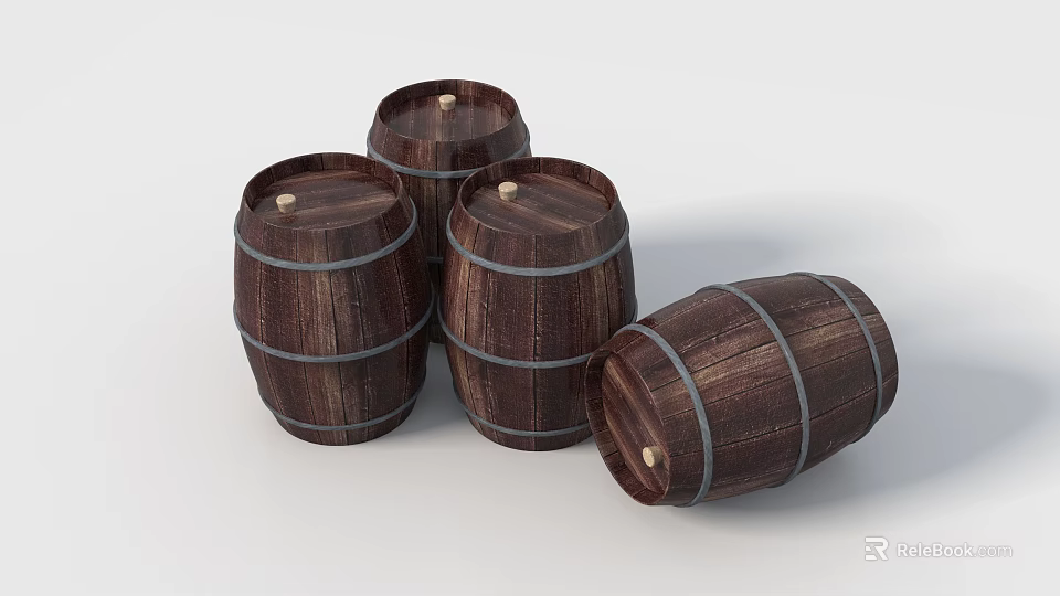 Brown Wooden Barrels With Metal Hoops Standing And Overturned For Daily Use 3d model 