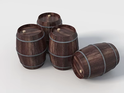 Brown Wooden Barrels With Metal Hoops Standing And Overturned For Daily Use 3d model