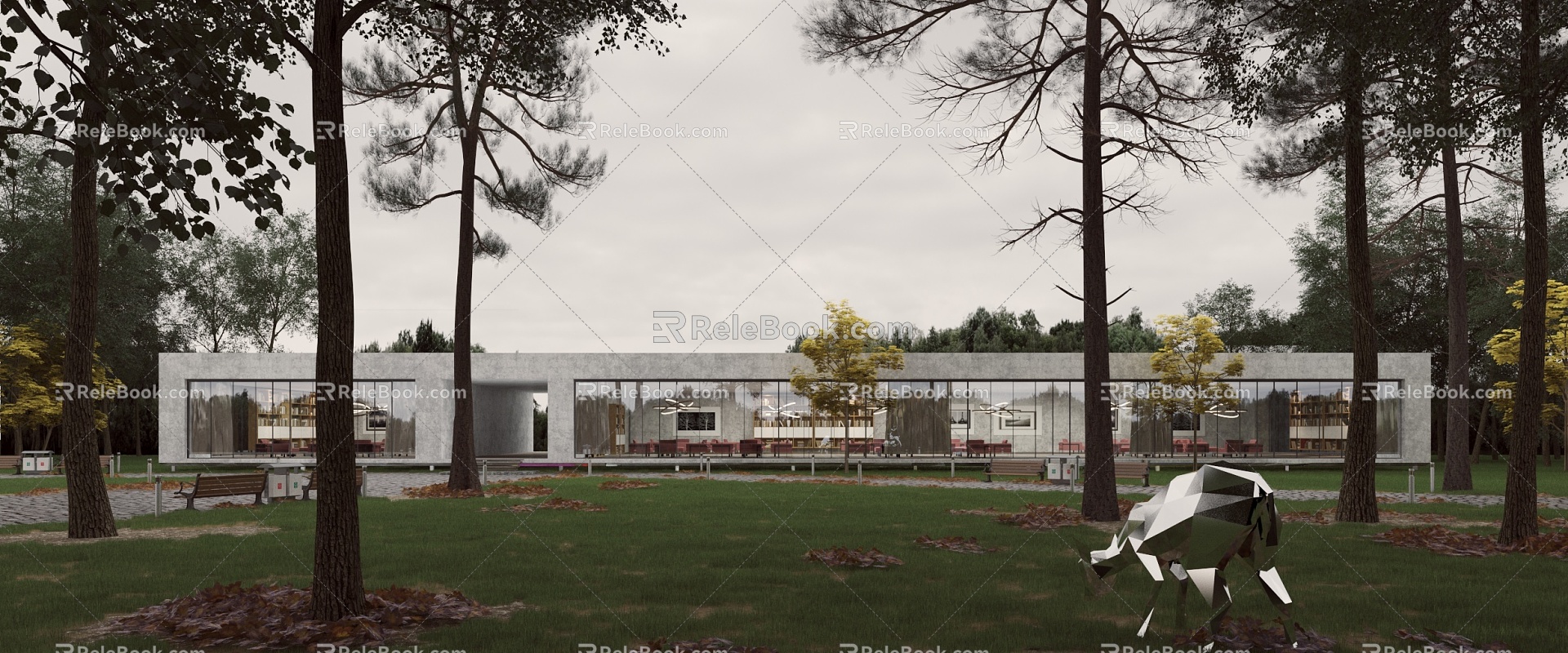 Modern architecture field club building cloudy day 3d model