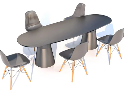Modern Dining Table Set Featuring Oval Black Table Cylindrical Legs Gray Chairs Wooden Legs 3d model
