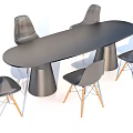 Modern Dining Table Set Featuring Oval Black Table Cylindrical Legs Gray Chairs Wooden Legs
