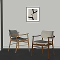 Modern Minimalist Dining Chairs With Wooden Frame And Gray Beige Cushions Near Abstract Wall Art