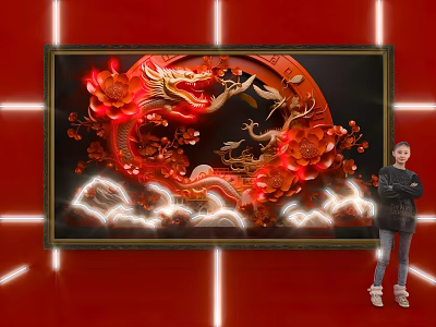 Artistic Dragon Flower Art In Frame With Person On Red Background 3d model