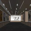 Modern Exhibition Hall Interior With Wooden Ceiling Linear Lighting And Artworks