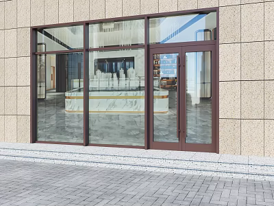 Modern Commercial Building Entrance Door With Glass And Brown Frame 3d model