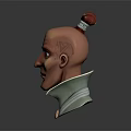 3D Character With Bald Head Red Topknot Blue Eyes Green Collar And Neck Buttons