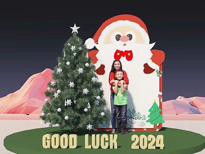 Christmas Photo Spot With Santa Claus Figure Christmas Tree And Good Luck 2024 Sign 3d model
