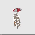 Outdoor Wooden Ladder Chair With Red White Umbrella And Orange Lifebuoy