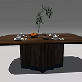 Modern Wooden Oval Dining Table With Tableware Fruit Plate Green Plant Vase And Wine Glasses