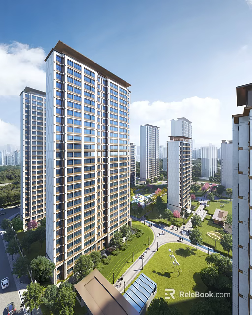 Modern High Rise Residential Complex With Glass Curtain Walls And Lush Green Surroundings 3d model 