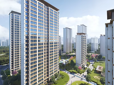 Modern High Rise Residential Complex With Glass Curtain Walls And Lush Green Surroundings 3d model