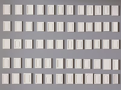 White Door Panels Neatly Arranged On Gray Background For Design 3d model