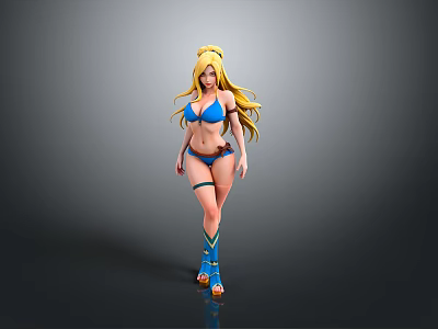 Stylish Woman With Blonde Hair Wearing Blue Bikini Blue Stockings And Sandals On Gray Background 3d model
