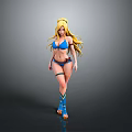 Stylish Woman With Blonde Hair Wearing Blue Bikini Blue Stockings And Sandals On Gray Background