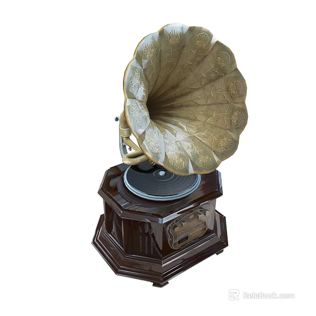 Vintage Phonograph Audio Equipment With Brass Horn Carved Patterns And Wooden Base 3d model 