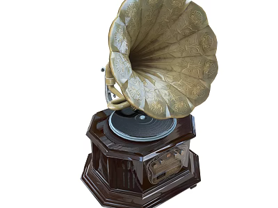 Vintage Phonograph Audio Equipment With Brass Horn Carved Patterns And Wooden Base 3d model