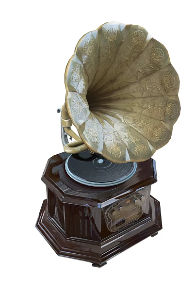 Vintage Phonograph Audio Equipment With Brass Horn Carved Patterns And Wooden Base 3d model