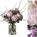 Transparent Glass Vase With Pink Peonies Purple Small Flowers And Green Leaves