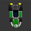 Green and White Kart With L Logo Blue Seat Two Exhaust Pipes And Yellow Wheels
