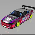 Pink Purple White Racing Car With Yellow Wheels Black Rear Wing And Body Stickers