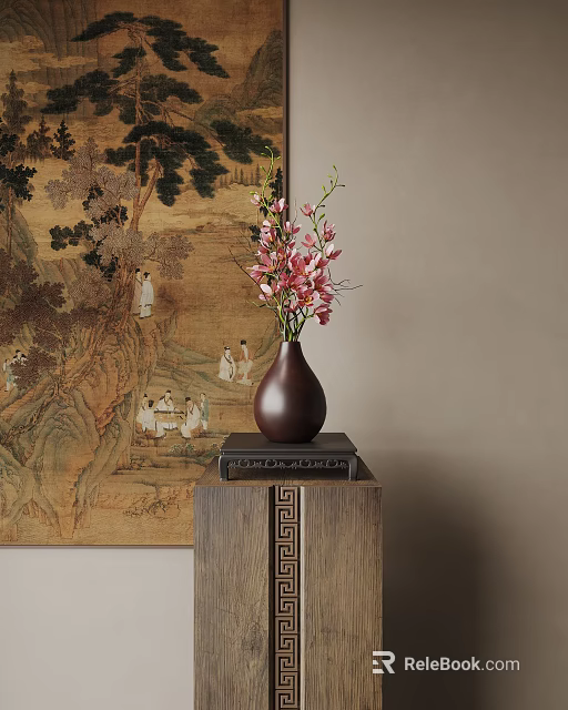 Dark Brown Vase With Pink Flowers Against Ancient Painting Background On Carved Wooden Cabinet 3d model 