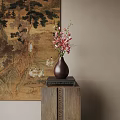 Dark Brown Vase With Pink Flowers Against Ancient Painting Background On Carved Wooden Cabinet