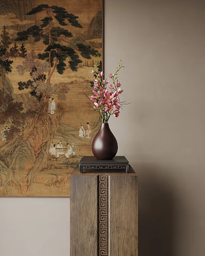 Dark Brown Vase With Pink Flowers Against Ancient Painting Background On Carved Wooden Cabinet 3d model