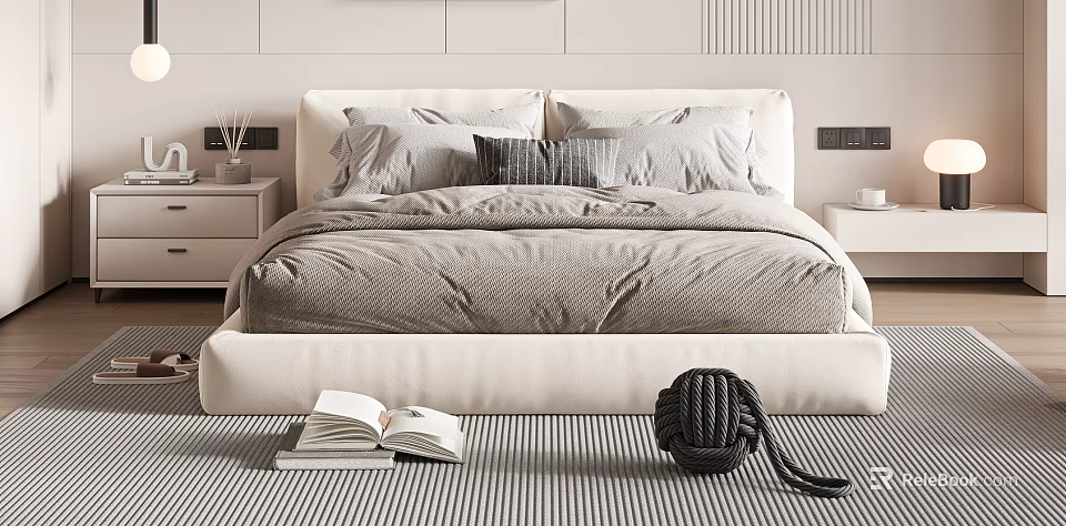 Modern White Double Bed With Gray Bedding Striped Rug Open Book And Black Decor 3d model 