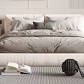 Modern White Double Bed With Gray Bedding Striped Rug Open Book And Black Decor