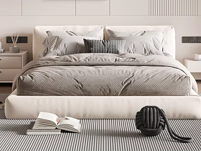 Modern White Double Bed With Gray Bedding Striped Rug Open Book And Black Decor 3d model
