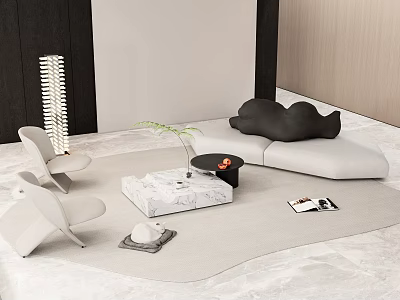 Modern Sofa Coffee Table Set With Marble Top Accent Chairs Potted Plant And Rug 3d model